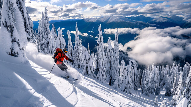 A skier in a red jacket skiing down a snowy mountain with snow covered trees and a cloudy sky background
