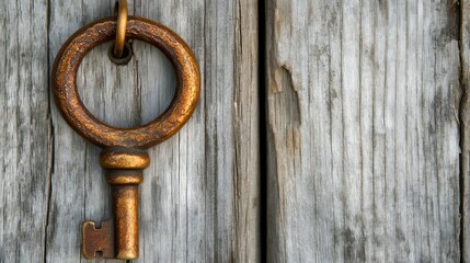 Close-up of antique keyring hanging on weathered wooden door with warm side lighting, rustic vintage keys showcasing aged texture and nostalgic charm