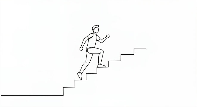 Basic line drawing showing a person climbing stairs. The person is depicted in profile, appearing to be in motion and ascending the steps. The drawing is minimalist with clear lines.