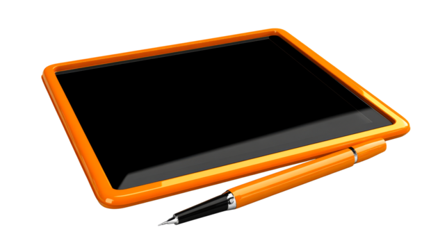 Orange tablet device and pen, stylish design, blank screen, cut out transparent - Powered by Adobe