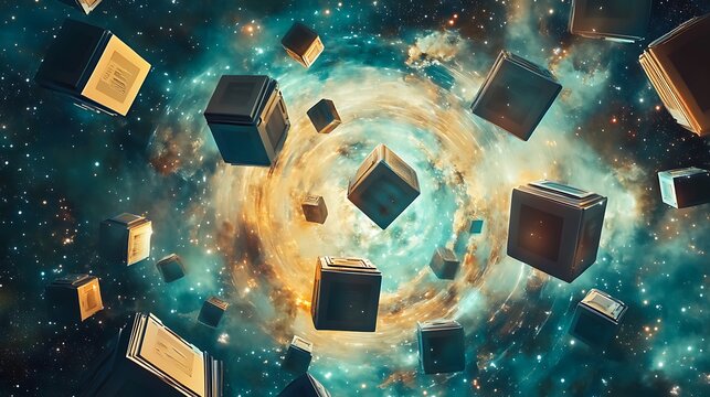 Floating cubes of school subjects orbiting data rings