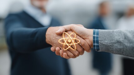 Close-up of two hands shaking over glowing atomic symbol on dark marble table with shallow depth of field and bokeh background, representing diplomatic agreement and scientific cooperation
