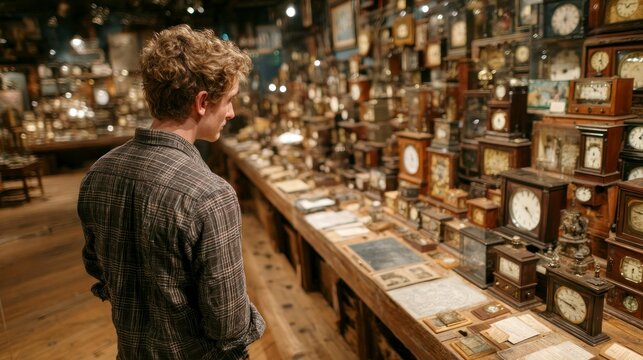 A man admiring a vast collection of antique clocks in a cozy vintage store