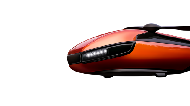 Orange futuristic drone concept, low angle view, isolated, cut out transparent