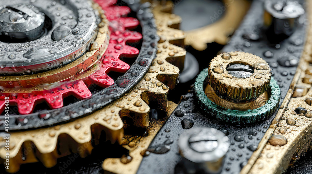 Poster detailed macro view of complex metallic watch gears and cogs, showcasing the textures of brass and s