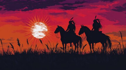Fototapeta premium Vibrant red and yellow hues characterize an artistic illustration of dramatic samurai warriors on horseback silhouetted against a fiery sunset
