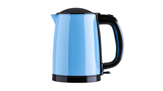 Electric kettle, appliance for boiling water, light blue color, cut out transparent