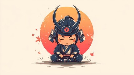 Seated beneath a breathtaking sunset is a cute samurai alien adorned with a helmet that has horns