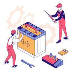Professional car battery repair isometric illustration