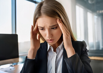 Young woman with a painful expression, holding her head, apparently having a headache, stress, migraine