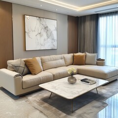 Modern living room with comfortable sectional sofa and marble coffee table