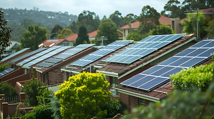 Houses with solar panels on roofs in a suburban neighborhood with green trees and rolling hills in the distance