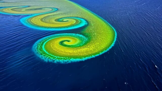 Aerial view showcasing swirling green and yellow algae bloom in the deep blue ocean waters forming spiral patterns near the water surface.