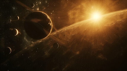 A cosmic scene with planets and a bright star illuminating a nebula in a vast and dark universe