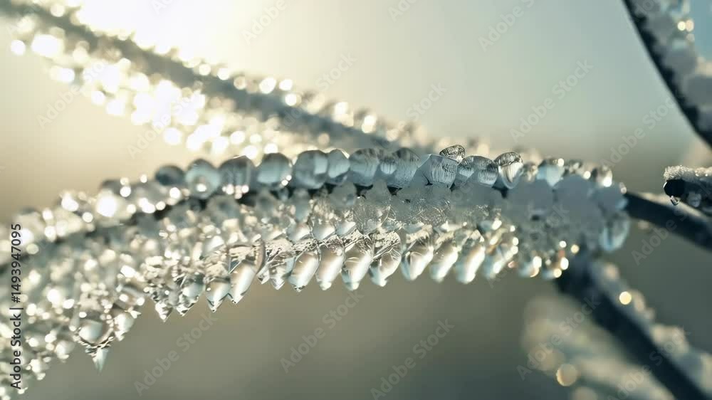 Poster close-up view of delicate ice formations on a tree branch sparkling with morning light in a winter s