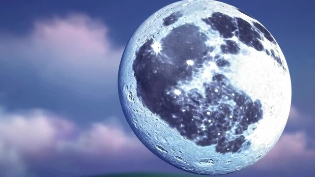 Close up full moon nightscape over green hills, illuminated celestial body against a blue sky with soft clouds, spherical shape showing craters.