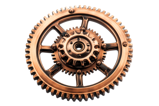 Bronze cogwheel assembly components, metallic system, cut out transparent
