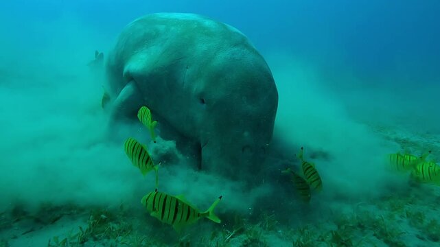 Front view of Sea Cow feeding algae on seabed accompanied by school of Golden kingfish, Slow motion of Sea Cow, Dugong dugon and Golden Trevally, Gnathanodon speciosus