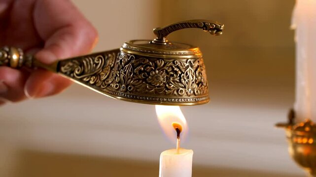 Extinguishing candle flame with an ornate snuffer tool.  Hand holding antique decorated metal extinguisher snuffing burning wax taper flame.