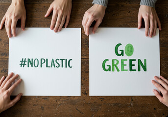 Hands holding signs with #NoPlastic and Go Green messages promoting environmental awareness on wooden table. Two people holding environmental sustainability campaign signs for eco-friendly lifestyle