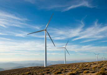 Wind turbines stand tall against a blue sky with wispy clouds generating wind energy on a hilltop showcasing renewable power and sustainable technology