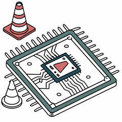 Damaged microchip with traffic cones, isolated cutout