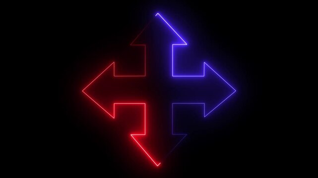 set of neon glowing colorful arrows design .Arrow in four direction on the black background. 4k video animated.