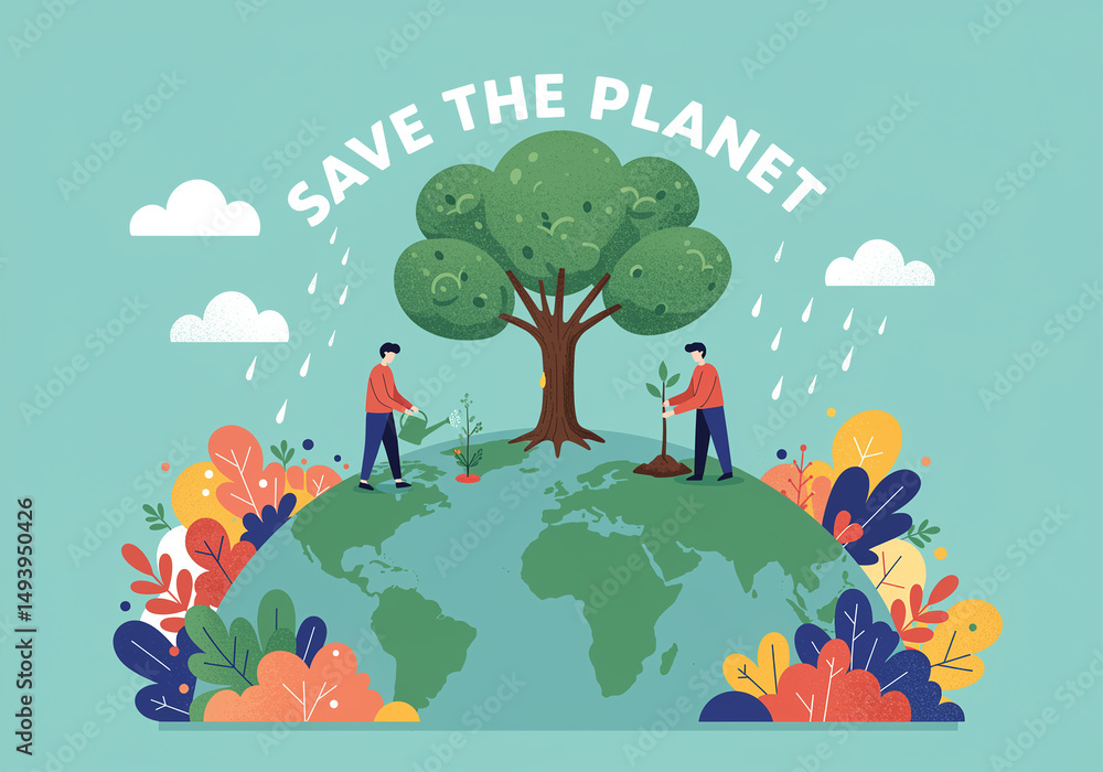 Poster trees on earth with people planting and watering for save the planet with clouds and raindrops illus