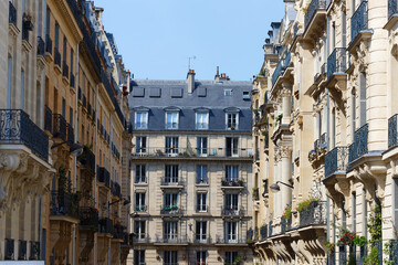 Paris, typical facades and windows, beautiful buildings, with old zinc roofs