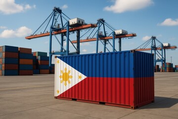 Philippine flag-themed shipping container with port cranes and stacked containers in the background, showing global trade logistics.

