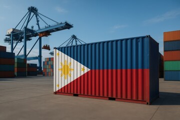 Angled cargo container decorated with the flag of the Philippines, placed at a modern maritime shipping terminal under clear skies. Shipping container with Philippine flag design

