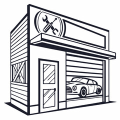 Classic car repair shop garage building illustration