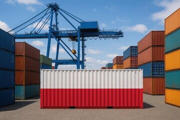 Shipping container painted with Polish flag. Freight container with the national flag of Poland at a busy international port, symbolizing trade, export, and logistics.


