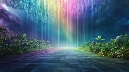 Obraz premium Luminous rainbow falls over a paved path, lush foliage flanks.