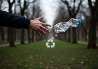 Recyclable plastic bottle thrown in the park near recycling sign with hand reaching for it suggesting littering problem