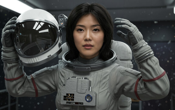 Determined Asian female astronaut in a spacesuit, preparing to put on her helmet. Represents space exploration, future technology