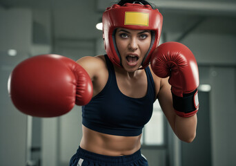 Determined female boxer with red headgear and gloves, throwing a punch with an intense expression