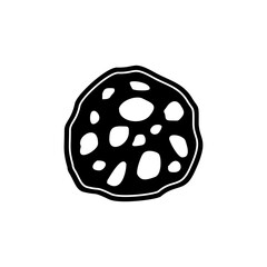 Unique black and white abstract shape resembling a cookie or sausage with holes and irregular patterns