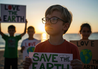 Child holding Save Earth sign at environmental protest with other kids holding signs on beach at sunset