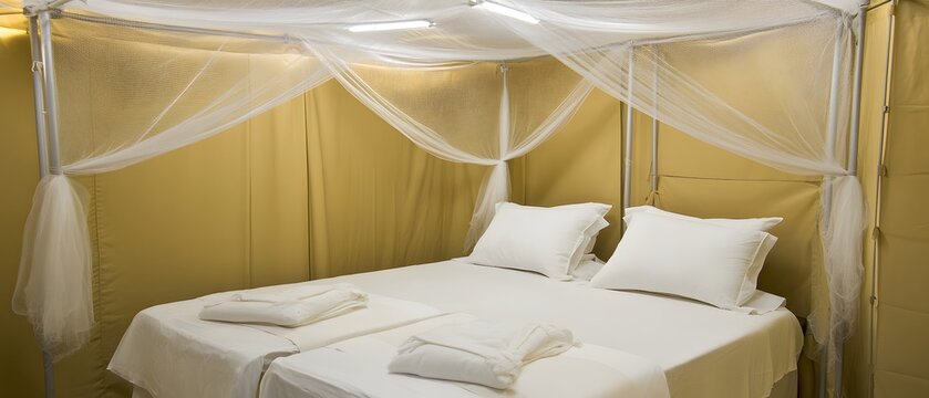 Luxury Camping Bed with Mosquito Netting and White Bedding