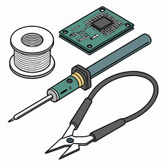 Electronics repair kit soldering iron wire cutters circuit board