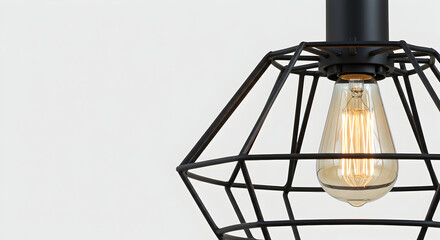 Geometric Cage With Incandescent Bulb In Minimalist Interior With Copy Space