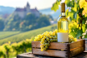Fototapeta premium White wine bottle mockup with green grapes in vineyard, Rhine, Germany. Vibrant winery scene for branding.