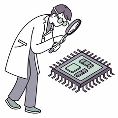 Scientist examining microchip with magnifying glass