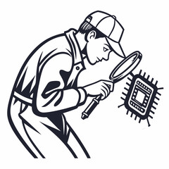 Technician inspecting microchip with magnifying glass, clean cutout