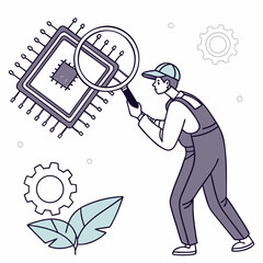 Technician inspecting microchip with magnifying glass