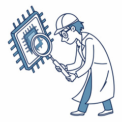 Scientist examining microchip with magnifying glass on white background
