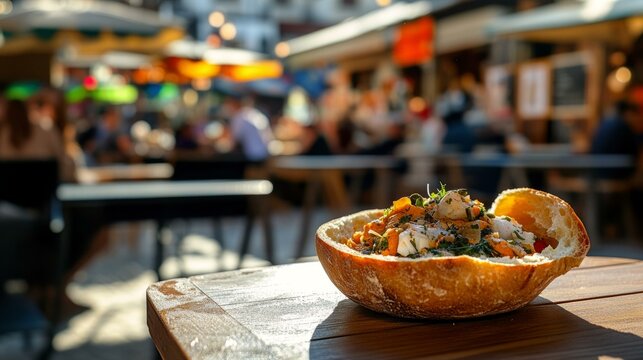  Seafood bread bowl delight: traditional Portuguese "a orda de marisco" with shrimp and mussels on rustic table
