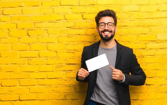 Smiling Man Holding Blank Card Yellow Brick Wall Background