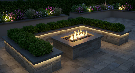Obraz premium Modern Outdoor Fire Pit Area with Cozy Ambient Lighting and Lush Greenery